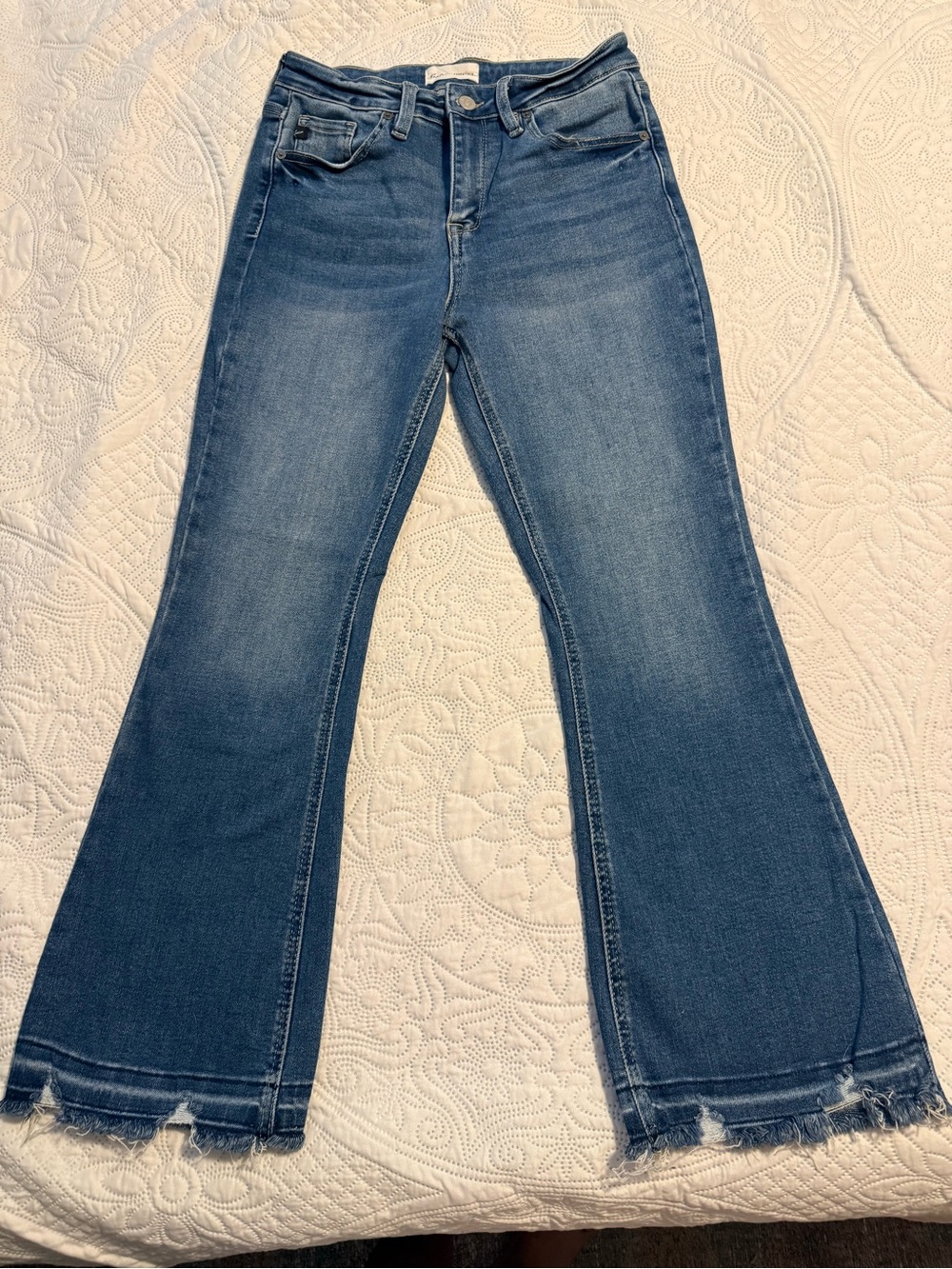 KanCan Dark Blue Flare Jeans with Raw Hem